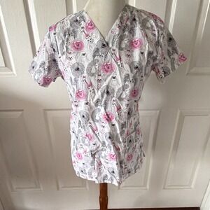 White Cross XS Scrub Top Dog Print Pink Gray V Neck Vet Groomer Pockets Nurse
